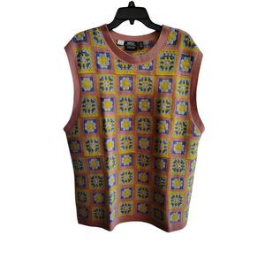 WESC Women's Pink/Yellow Floral Granny Square Crewneck Patchwork Vest XXL